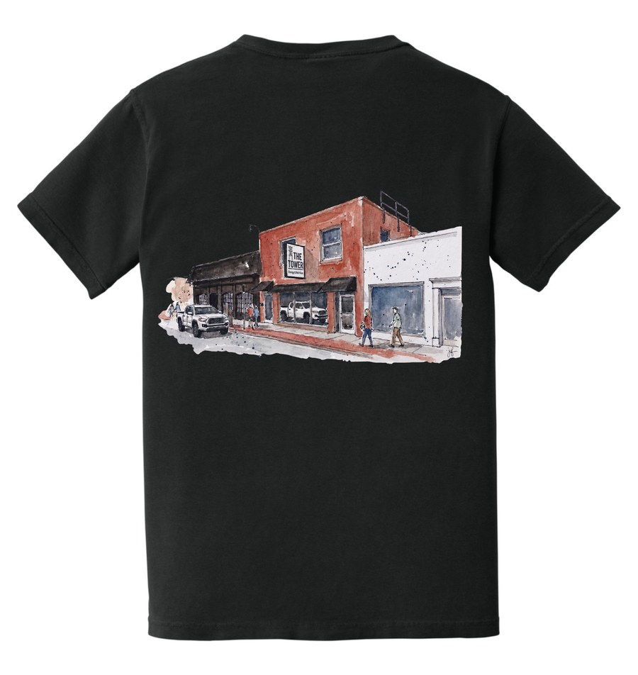 Class of 2026 Grad Pack tee — back view with watercolor of The Tower storefront
